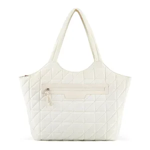 White quilted tote bag with zipper closure and front pocket for casual daily travel and shopping.