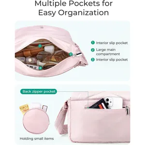 Detail view of pink crossbody bag showing multiple interior pockets and back zipper storage.