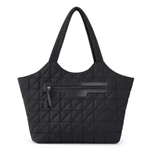 Black quilted tote bag with diamond pattern, double shoulder straps, and front zipper pocket.