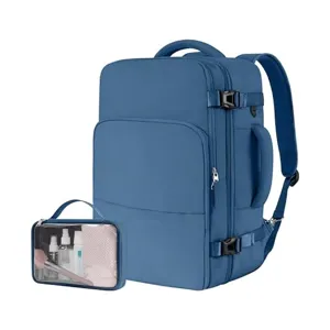 Zaino da viaggio blu con borsa da toeletta, grande zaino per laptop per viaggi e uso quotidiano.