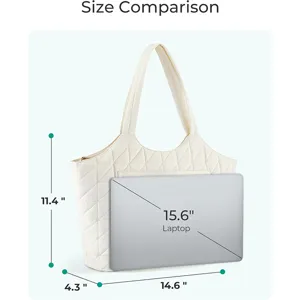 White quilted tote bag size comparison detail showing dimensions and laptop fit clearly.