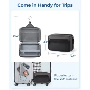 Hanging travel toiletry bag with multiple compartments, waterproof grey design for easy packing.