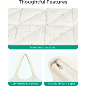 Detail view of white quilted tote bag featuring water-resistant fabric and durable zipper.