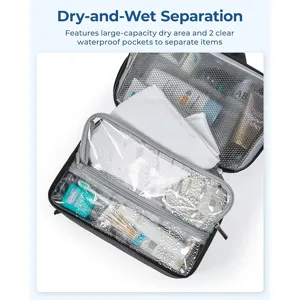 Travel toiletry bag with dry-wet separation, large capacity and clear waterproof pockets.