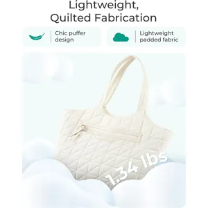 Lightweight quilted tote bag for women, stylish puffer shoulder handbag with zipper pocket.