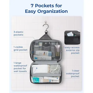 Hanging travel toiletry bag with 7 pockets, waterproof cosmetic organizer for men and women.