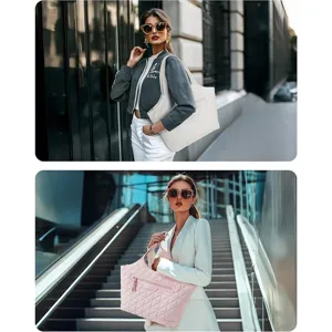 Quilted puffer tote bag with zipper, stylish down shoulder handbag for daily travel and work.