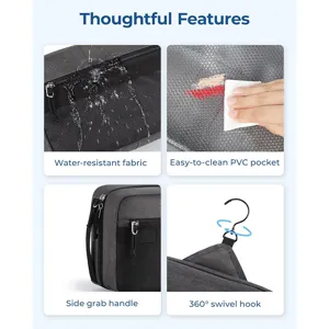 Portable travel toiletry bag with waterproof fabric, 360 swivel hook and side grab handle.