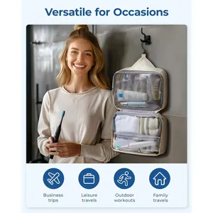 Hanging toiletry bag for travel, waterproof makeup organizer with multiple pockets and hook.