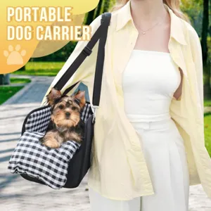 Portable dog car seat and pet carrier bag detail view, black and white plaid design for small dogs.
