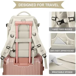 Large capacity beige travel backpack with breathable sponge and anti-theft zipper pocket.