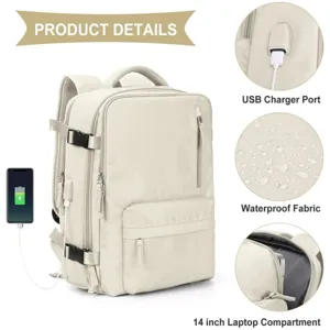 Detail view of beige travel backpack featuring USB charging port and laptop compartment.