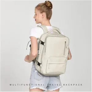 Detailed view of the multi-functional travel backpack with USB port and multiple storage compartments.