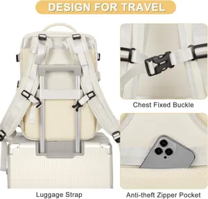 Großer Reise-Rucksack in Beige mit Trolley-Gurt, Brustgurt und diebstahlsicherer Tasche.