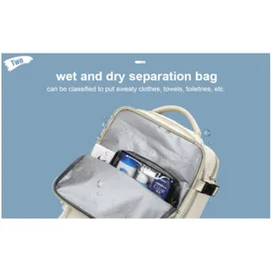 Waterproof wet and dry separation compartment detail of the large capacity travel backpack.