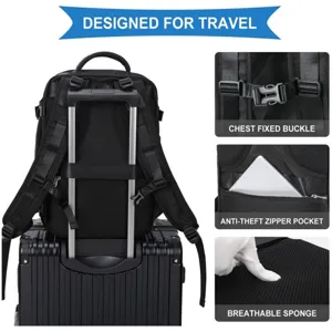 Detailansicht des ReiseRucksacks mit Brustschnalle, Sicherheitstasche und atmungsaktivem Polster.