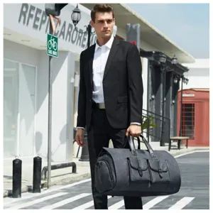 Detail view of large capacity travel duffel bag with dual front pockets and stylish leather trim.