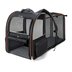 Extendable pet backpack with breathable mesh windows and folding design for cats and small dogs.