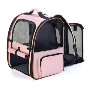 Pink expandable pet backpack breathable mesh dog carrier cat travel bag lightweight portable