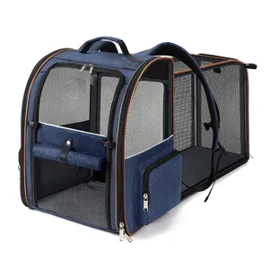 Expandable pet backpack for cats and dogs with breathable mesh and comfortable double straps.