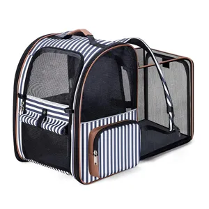 Expandable blue and white striped pet backpack breathable cat dog carrier bag for travel outdoor use
