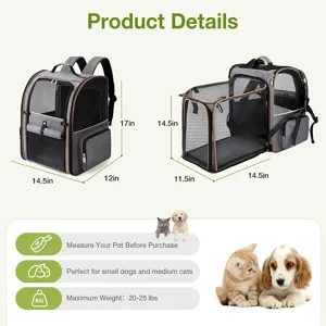 Expandable pet backpack with breathable mesh design, portable carrier for small dogs and cats.