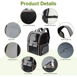 Pet backpack detail showing breathable mesh, adjustable straps, and secure safety leash for cats.