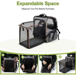 Detailed view of the expandable pet backpack mesh window and side pocket design for small dogs.