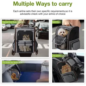 Multi-functional grey pet backpack showing versatile carrying ways for cats and small dogs safely.