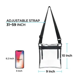 Clear stadium crossbody bag with adjustable strap and front zipper pocket for events and sports.