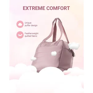 Pink quilted puffer travel tote bag, lightweight weekender duffel bag for casual daily use