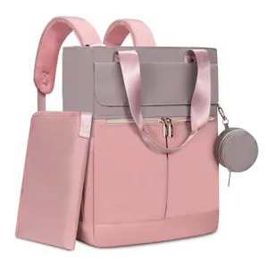 Multifunctional grey and pink diaper backpack with portable changing pad and small pouch.