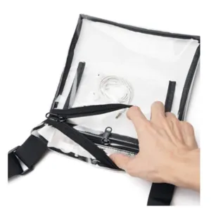 Clear crossbody bag detail showing zipper closure, adjustable strap, and interior space.