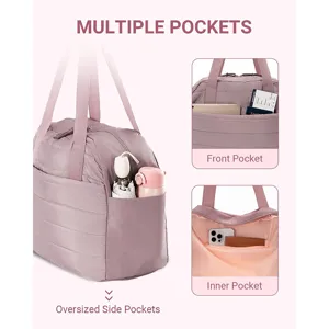 Pink quilted travel duffel bag with multiple pockets, large capacity overnight gym tote.