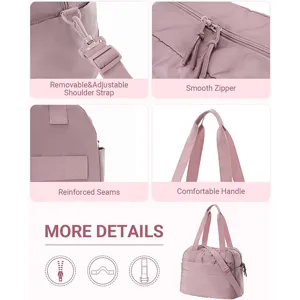 Quilted travel duffel bag detail view showcasing adjustable strap and smooth zipper.