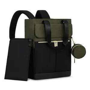 Detailed view of the multi-functional diaper backpack with changing pad and detachable pouch.