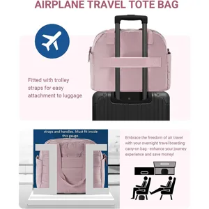 Quilted travel tote bag detail showing trolley strap design for easy luggage attachment.