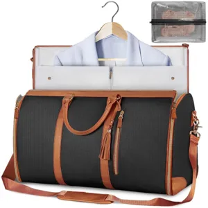 Convertible garment bag detail view showcasing hanging suit compartment and storage bag.