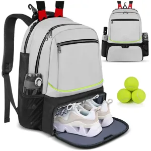 Large capacity tennis backpack with separate shoe compartment and racket holder for sports and travel.