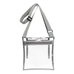 Clear crossbody bag detail showing transparent PVC material, zipper pocket, and adjustable strap.