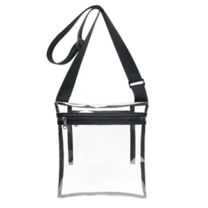 Clear crossbody bag with adjustable strap and zipper pocket for stadium events and festivals.
