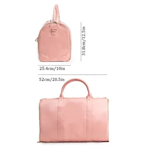 Pink large capacity travel duffel bag side and front dimensions display detail view