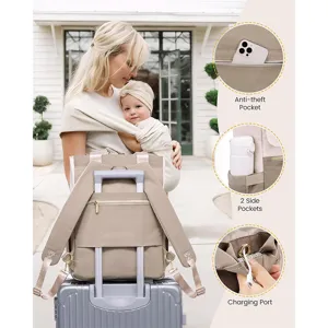 Multifunctional diaper backpack with anti-theft pocket, side pockets and USB charging port.