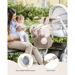 Multi-functional diaper bag backpack with insulated pockets and removable pacifier holder.