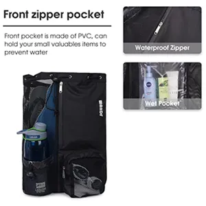 Close-up details of black mesh drawstring swim backpack, waterproof zipper and wet compartment.
