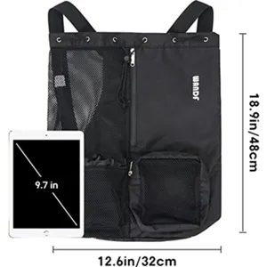 Black mesh drawstring backpack beach gym bag with wet pocket 48x32cm large capacity