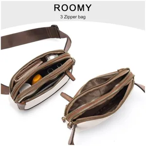 Detailed close-up view of the multi-zipper faux leather waist bag with adjustable strap.