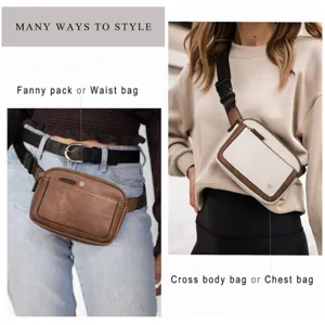 Detail shot of faux leather women waist pack showing versatile styling and adjustable strap design.