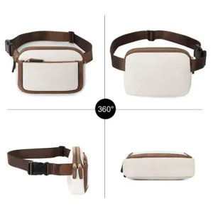 Mini faux leather fanny pack with adjustable strap and contrast brown trim for women.