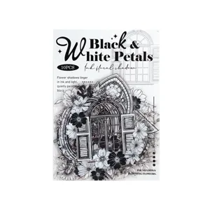 Detail view of vintage black and white floral window decorative sticker set for journaling.